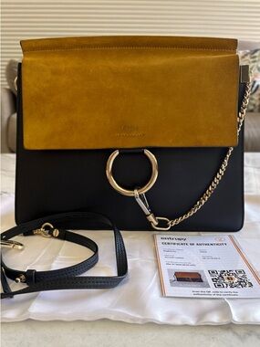 Chloe Faye Black and Buckskin Suede Leather Shoulder Crossbody Bag